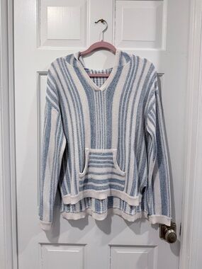 Striped V-Neck Hooded Knit  Poncho - Blue & Cream Size - M